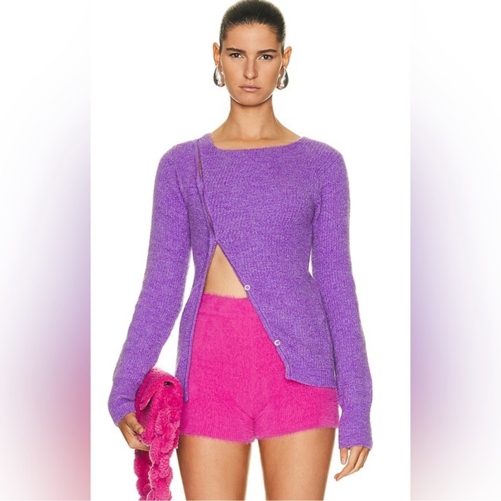 Jacquemus La Maille Pau Purple Alpaca Wool Asymmetrical Button Sweater Size 38
